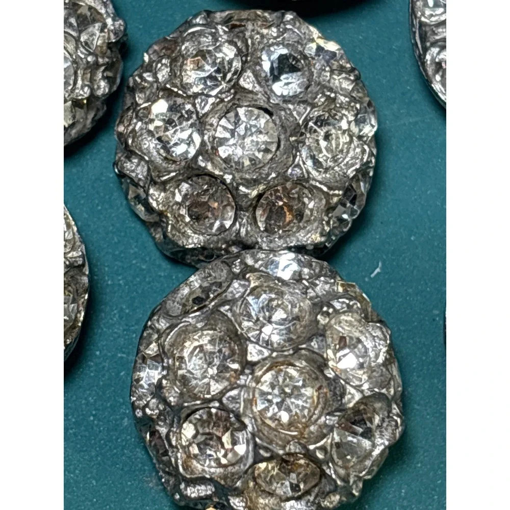 7pc Silver Clear Rhinestone Domed Shank Buttons Antique Style Round Pavé Crystal